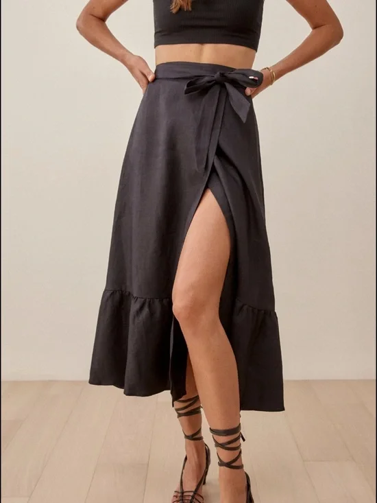 Reformation Black Linen Wrap Ruffle Skirt - Picture 2 of 15